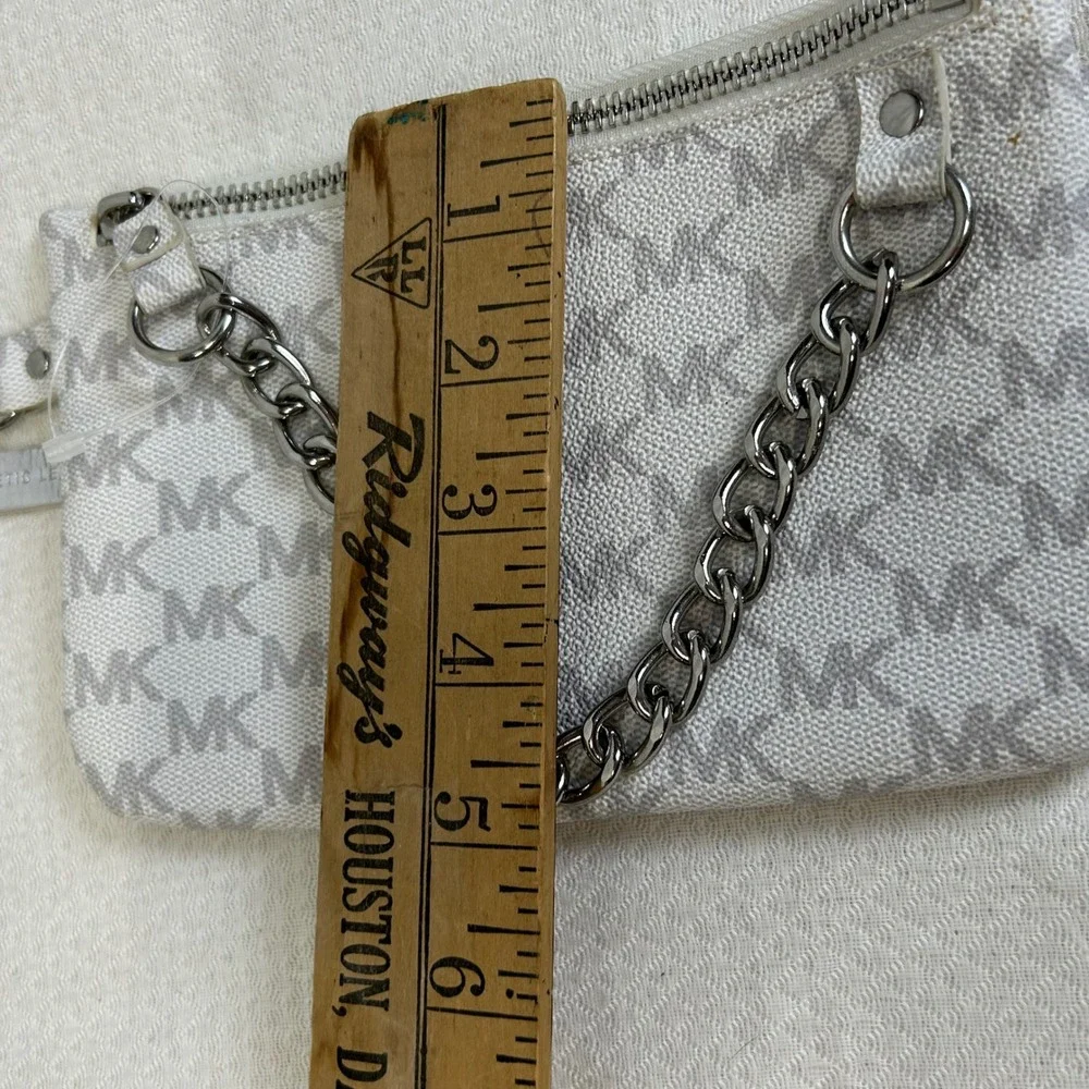Michael Kors White Monogram Belt Bag Silver Chain Waist Pouch Small 554131 S